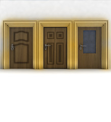 three closed wooden doors