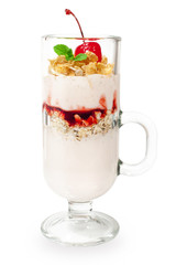 dessert with yogurt and cherry jam in a glass