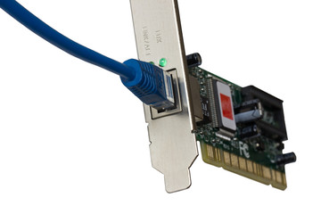 Network card and network cable cable plug on a white background