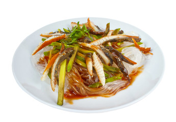 rice extract fish plate long macaroni isolated on white backgrou