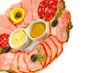 sausage sliced and​​ mustard isolated plate isolated on whit