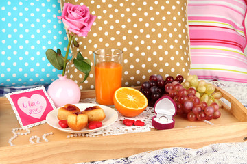 Breakfast in bed on Valentine's Day close-up