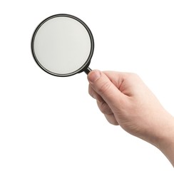 Right hand holding magnifying glass, clipping path