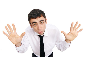 The business man is isolated on a white background