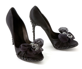 Crystals black peep toe stilettos with big bows