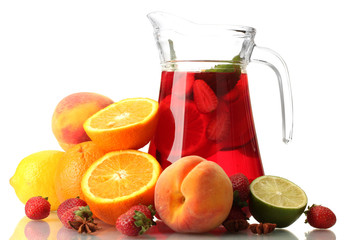 sangria in jar with fruits, isolated on white