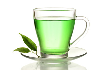 Transparent cup of green tea, isolated on white