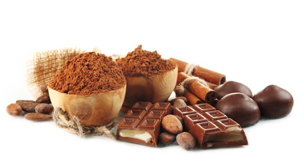 Composition of chocolate sweets, cocoa and spices, isolated