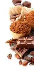 Composition of chocolate sweets, cocoa and spices, isolated