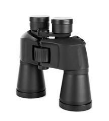 Black modern binoculars isolated on white
