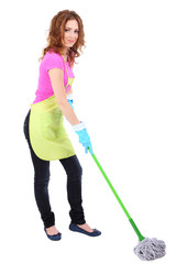 Young housewife with mop, isolated on white
