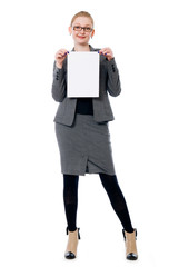 Woman holding blank card