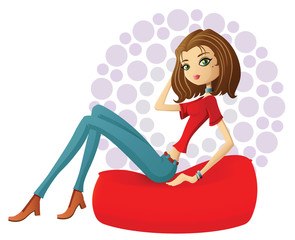 Flirty girl resting in a red bean bag