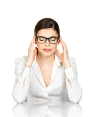 Portrait of a young woman in glasses with headache