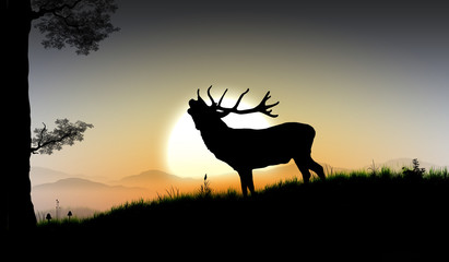Plakaty  sylwetka dużego jelenia w lesie na tle górskiej panoramy z zachodzącym słońcem