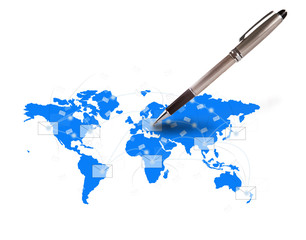 pen writing letter on world map