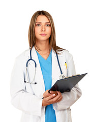 A female doctor with a folder , isolated on white background