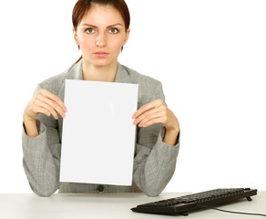 young girl with blank board,isolated on white background
