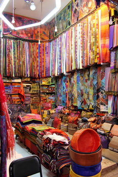 Colorful silk and carpet store in the fascinating souks of the o