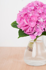 pink hydrangeas on a wooden table