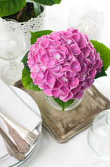 pink hydrangeas and vintage cutlery