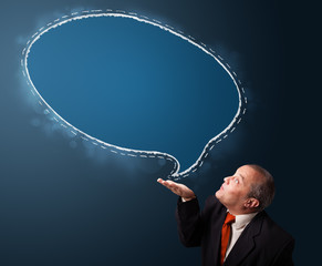 crazy businessman presenting speech bubble copy space