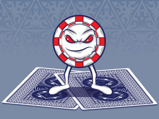 Poker Chip Character Standing on Two Poker Cards