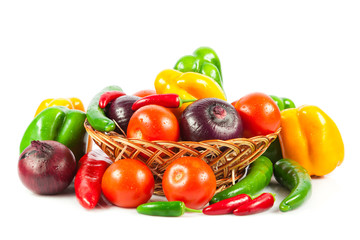 Fresh vegetables in basket isolated on white. Bio Vegetable.  Co
