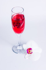 glass with red wine and an orchid