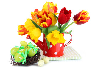 Easter composition with fresh tulips and easter eggs isolated