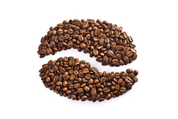 Coffee bean made up of a set of grains on a white background