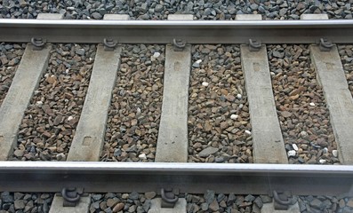 train track with sleepers and Rails where stones passing freight