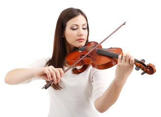 Beautiful young girl with violin, isolated on white