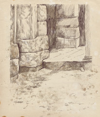 Old stone gate of the house - detail. Full sized hand drawing.