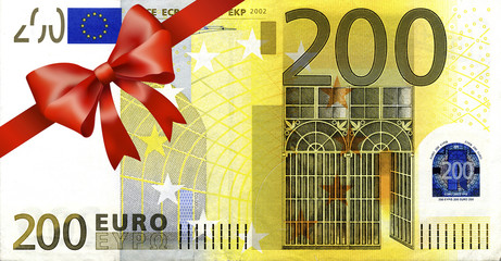 200 Euroschein mit rotem Band und Schleife - obrazy, fototapety, plakaty