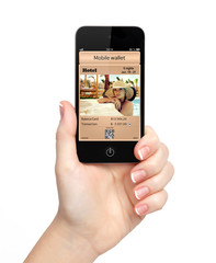 isolated woman hand holding the phone with a mobile wallet and p