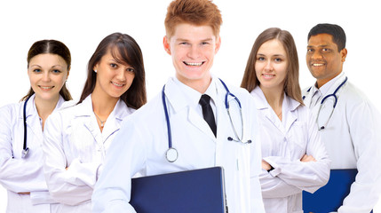 Portrait of group of smiling hospital colleagues