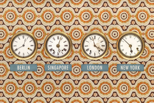 Retro styled image of old clocks with world times