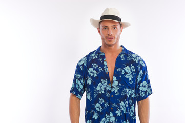 model in hawaiian shirt
