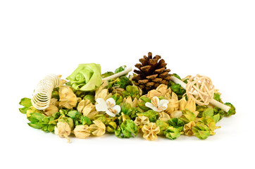 Dry potpourri with fir cones, rose wood and spring