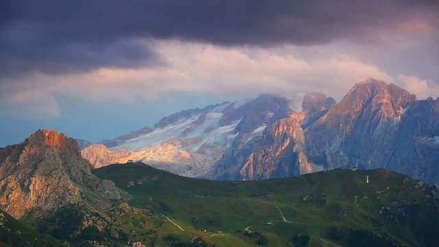 Sunset Dolomites mountains panorama.