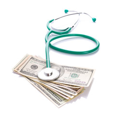 Doctor stethoscope with cash in dollars over white