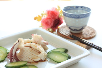 chinese cuisine, boiled squid with cucumber for appetizer