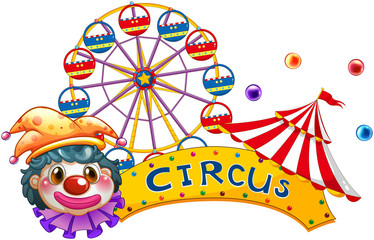 A clown with a circus signage and a ferris wheel at the back