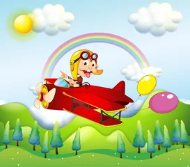 Crédence de cuisine en verre imprimé Avion, ballon Un singe à bord d& 39 un avion rouge avec deux ballons