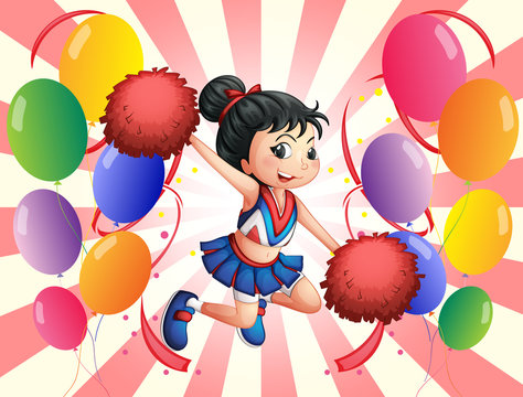 A cheerdancer in the middle of the balloons