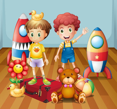 Two boys surrounded with toys