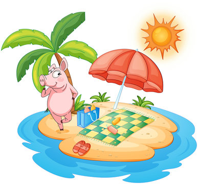A beach with a pig enjoying summer