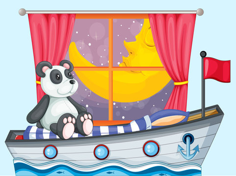 A panda sitting above the boat beside a window