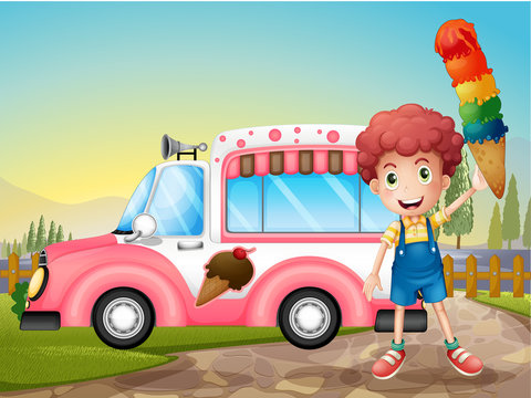 A Boy With Icecream And The Pink Car